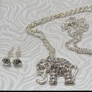 Elephant Necklace and Earrings Set Clear Crystal Rhinestones Silver Tone